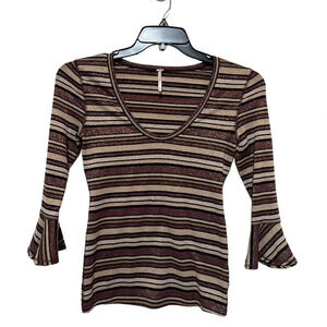 Free People Bell Sleeve Metallic Striped Shirt Top Earth Tones Women’s S